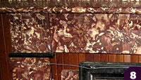 Unique red mix marble mantel with etched line highlites,