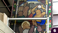 large stained glass, stoning scene